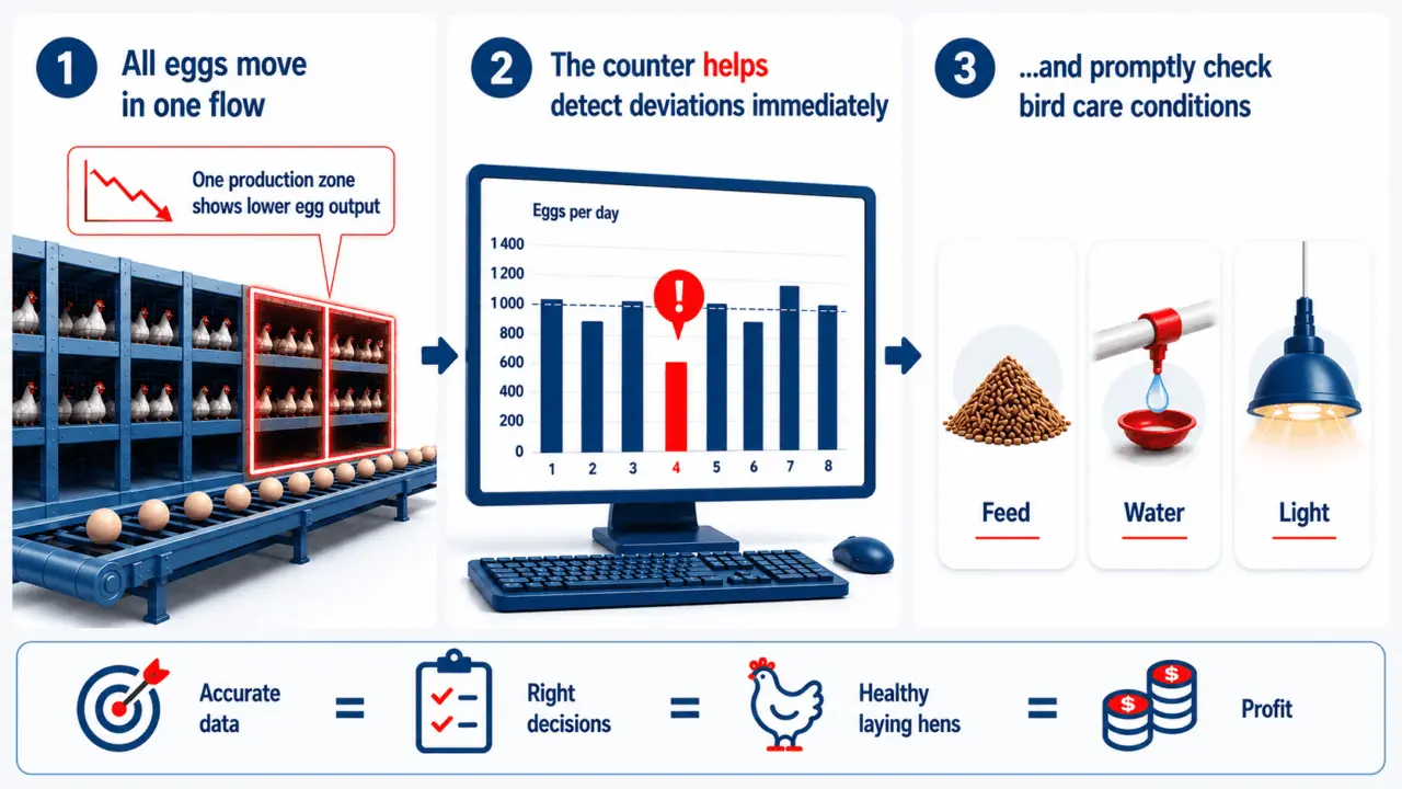 AI egg counting for poultry farm production monitoring AI egg counting system monitors poultry farm production zones, detects lower egg output and helps operators check feed, water and lighting conditions