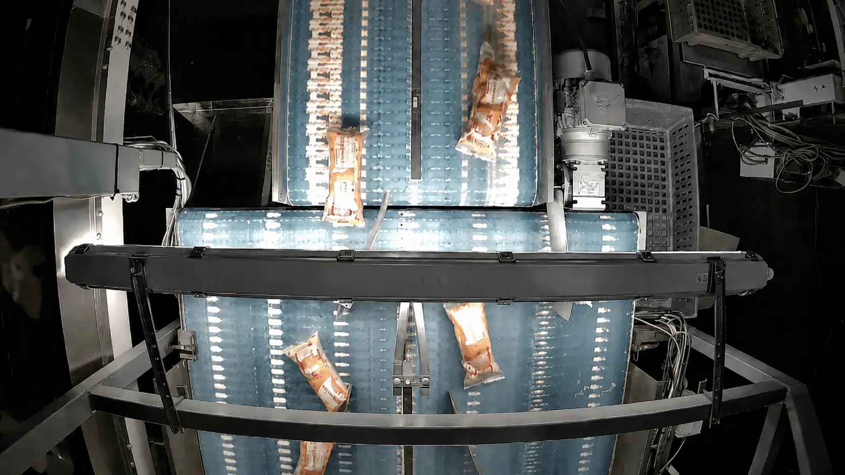 Computer vision camera monitors packaged bakery products on a conveyor for automated counting and production control
