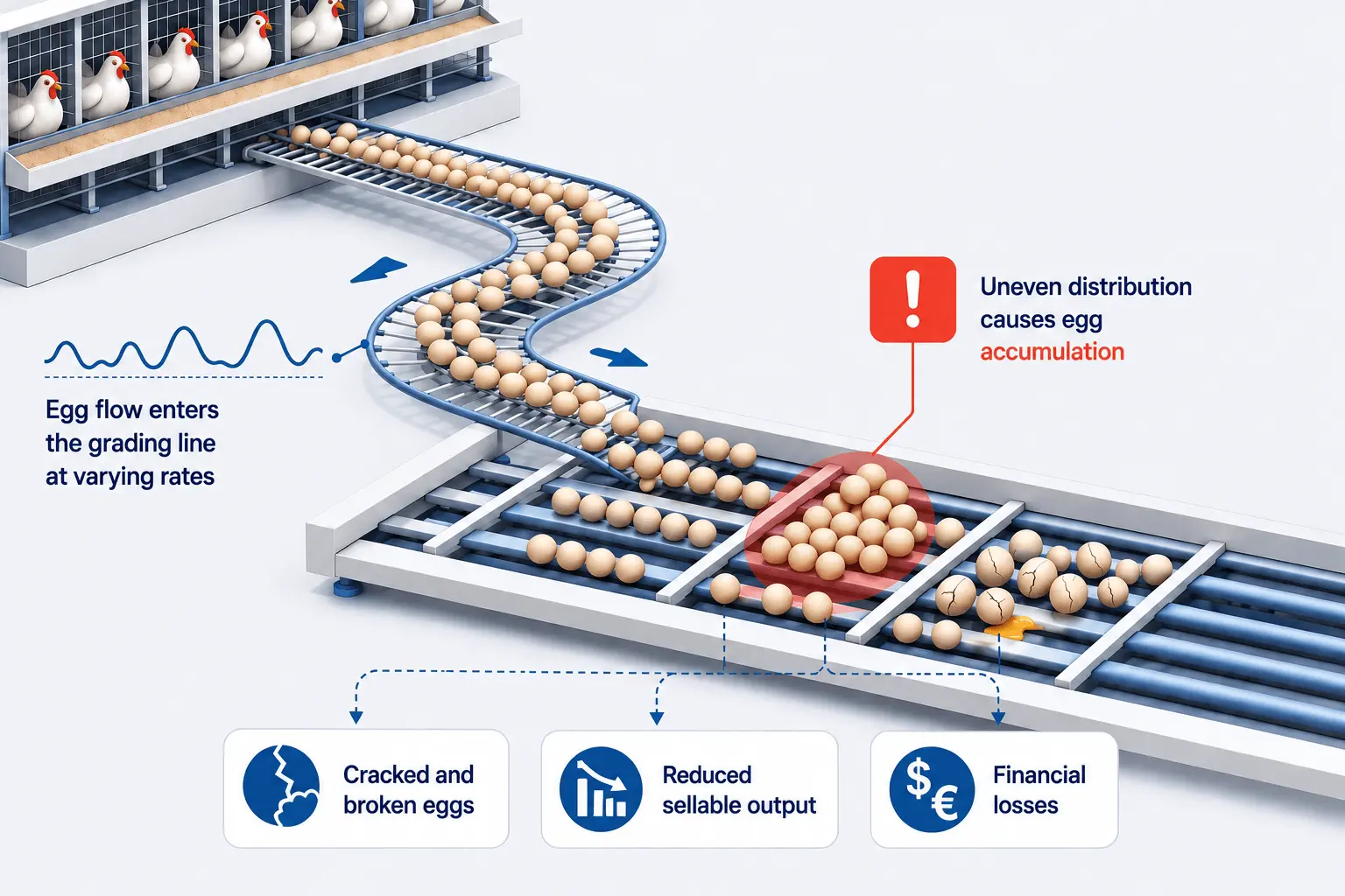 Egg accumulation detection for conveyor flow control Egg conveyor flow control system detects uneven distribution and egg accumulation to prevent cracked eggs, reduced sellable output and financial losses