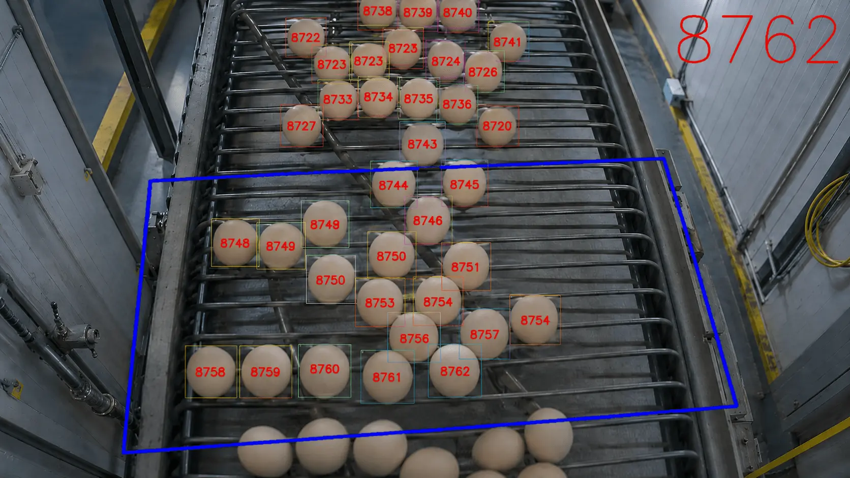 Egg counting and conveyor control with computer vision Computer vision egg counting system tracks eggs on a poultry farm conveyor for automated production monitoring and conveyor control