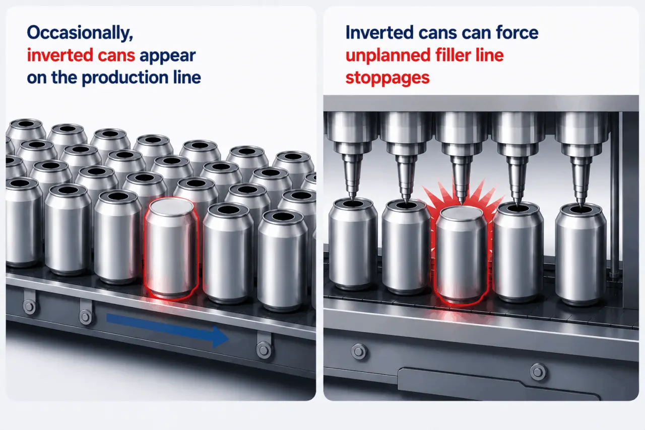Inverted can detection for filler line stoppage prevention Computer vision system detects inverted cans on a production line to prevent unplanned filler line stoppages