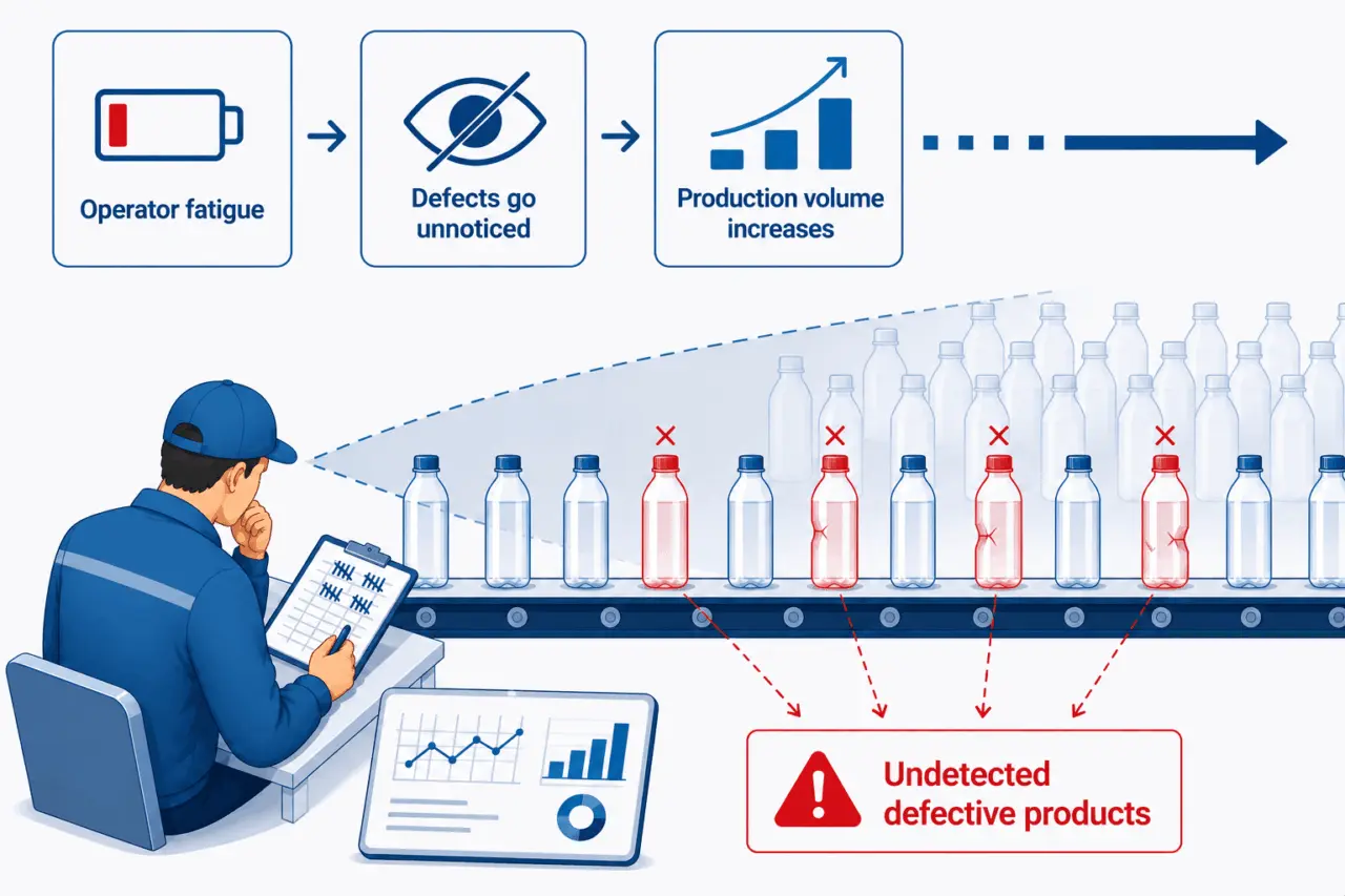 Computer vision quality control system detects defective products on a manufacturing conveyor to prevent operator fatigue and missed defects at high production volumes