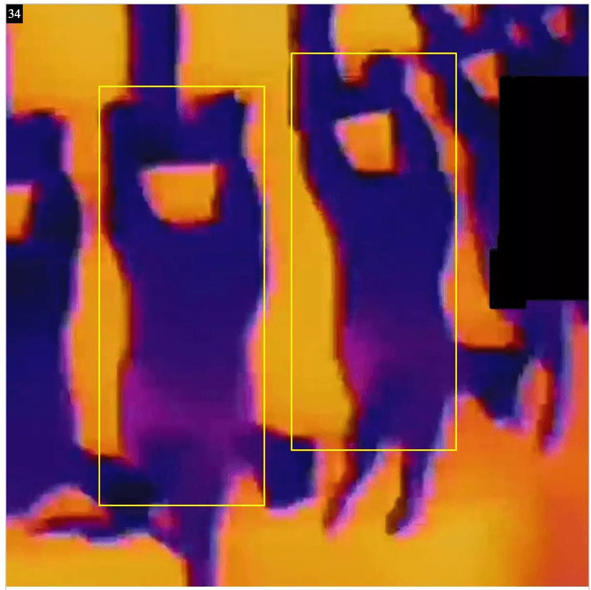 Partially frozen chicken carcasses on a thermal imager, highlighted with yellow frames — temperature deviations detected by video analytics at a poultry farm
