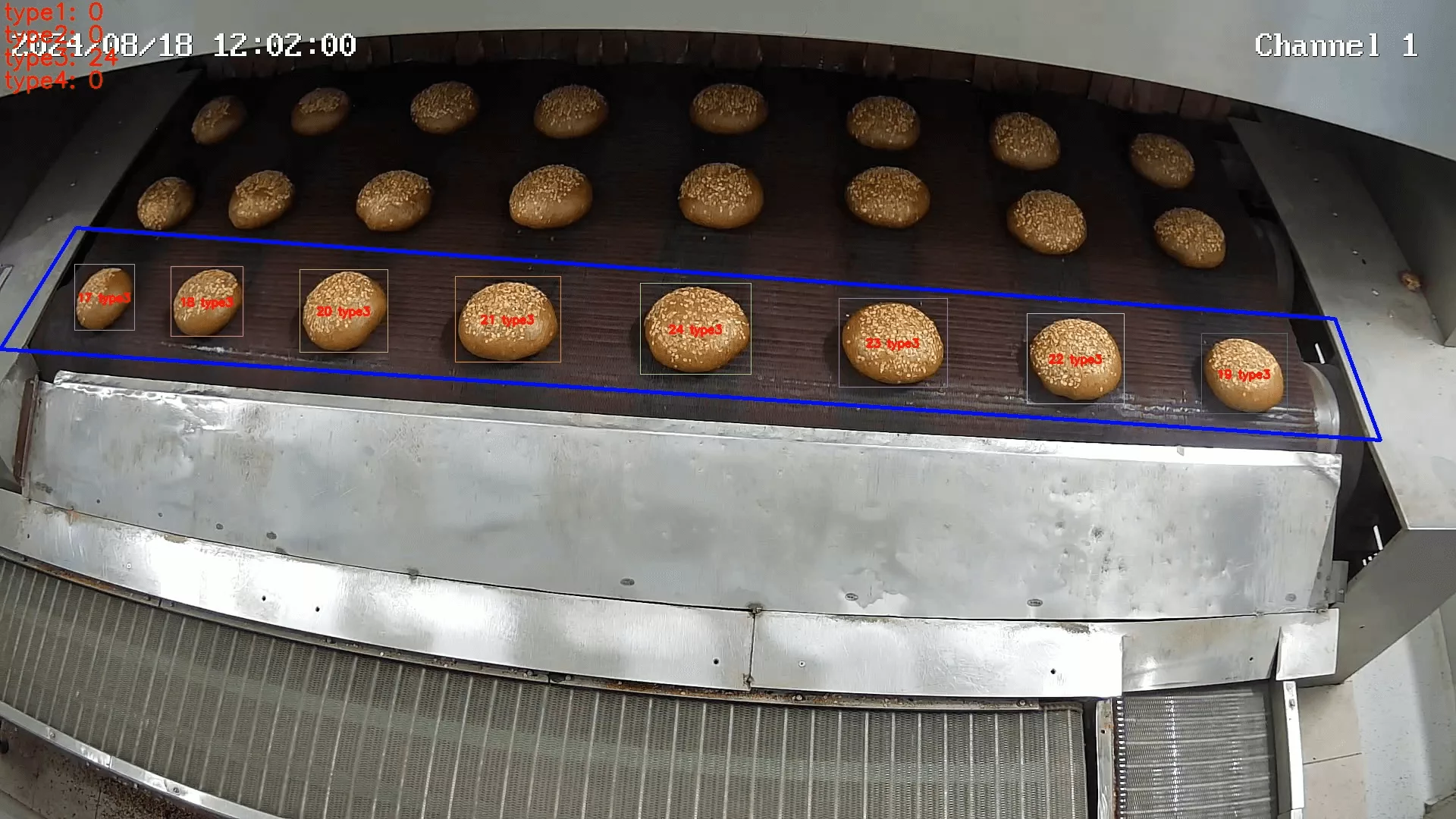 Digital counting zone highlighted on bakery conveyor belt