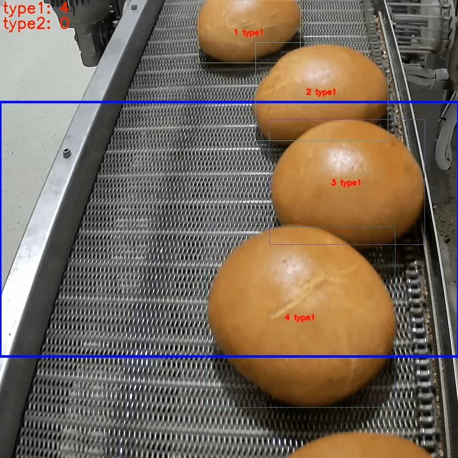 AI system distinguishing different bread shapes on production line