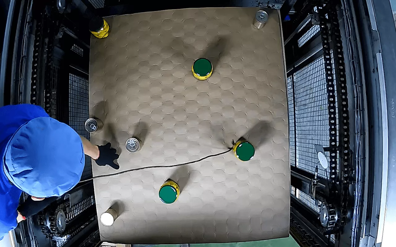 Staged training video with chaotic can arrangements to improve AI recognition.