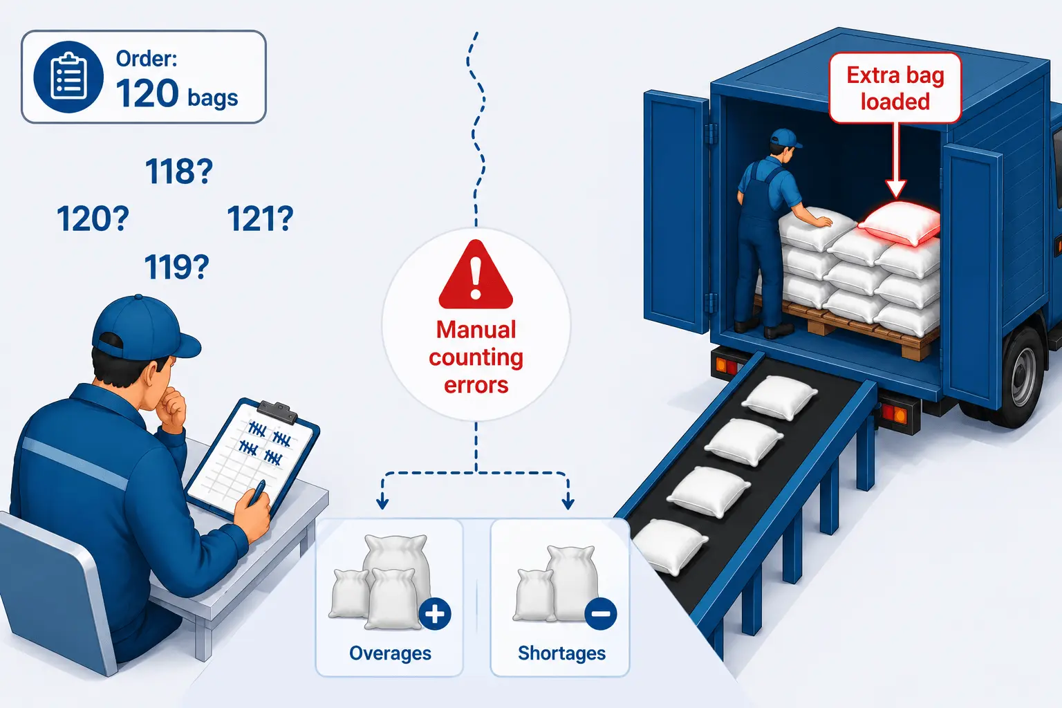 AI conveyor bag counter for accurate truck loading control AI conveyor bag counter detects overages and shortages during truck loading to prevent manual counting errors in warehouse operations