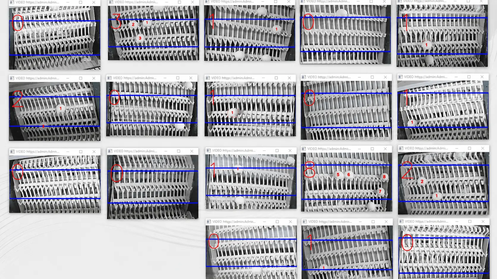 CamContador interface — live egg counting across 18 camera feeds simultaneously