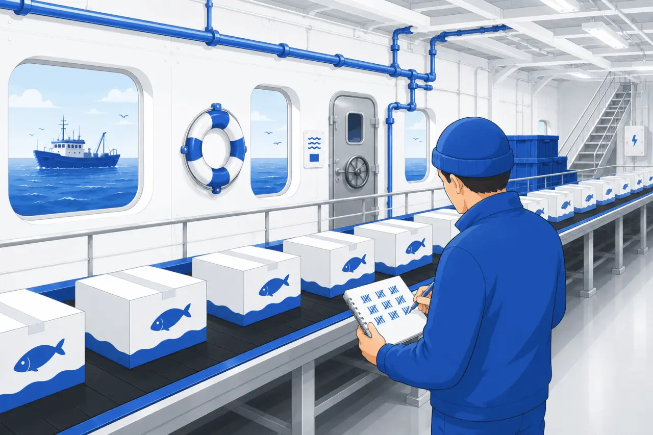 Crew member tallying boxes of frozen fish by hand on a trawler conveyor line before counting was automated